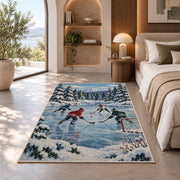 Pond Hockey in the Pines rug in a bedroom with an arched window