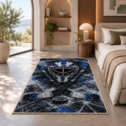 Goalie Mask Crossed Sticks rug in a bedroom with an arched window