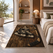 Hockey Skates on Barn Wood rug in a bedroom with an arched window