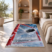 Puck Hitting the Net rug in a bedroom with an arched window