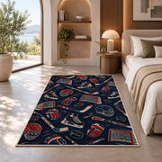Hockey Gear Pattern rug in a bedroom with an arched window