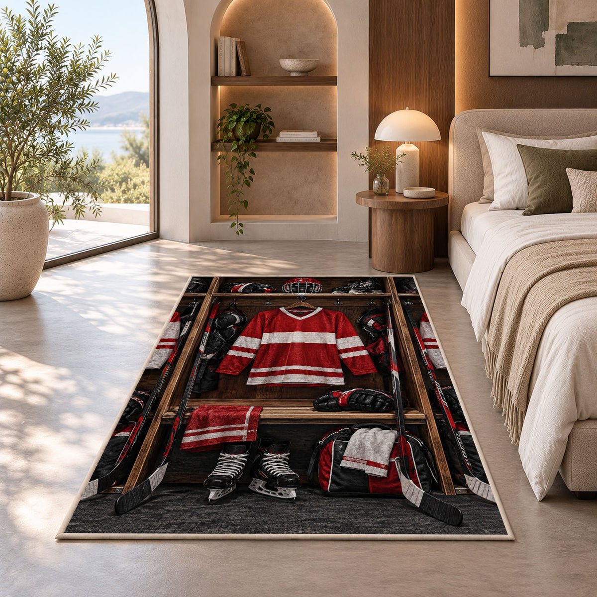Hockey Locker Room rug in a bedroom with an arched window