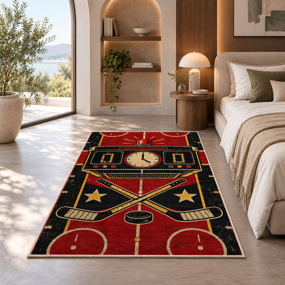 Retro Hockey Scoreboard rug in a bedroom with an arched window