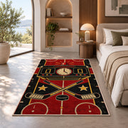 Retro Hockey Scoreboard rug in a bedroom with an arched window