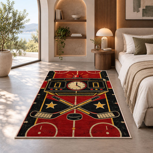 Retro Hockey Scoreboard rug in a bedroom with an arched window