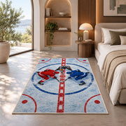 Faceoff at Center Ice rug in a bedroom with an arched window