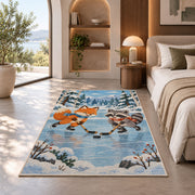 Fox and Raccoon Hockey rug in a bedroom with an arched window