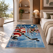 Santa Plays Hockey rug in a bedroom with an arched window