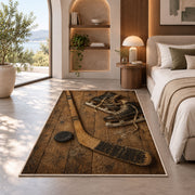 Vintage Hockey Stick and Skates rug in a bedroom with an arched window