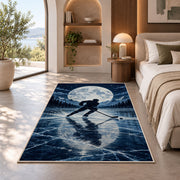 Hockey Player Under the Moon rug in a bedroom with an arched window