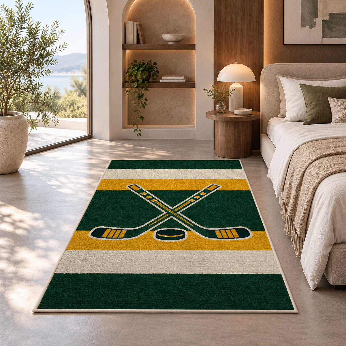 Hockey Jersey Stripes rug in a bedroom with an arched window