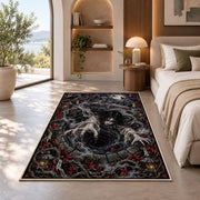 A long-haired ghost above a dark spiral with skulls, cobwebs, and ornate borders rug in a bedroom beside a window