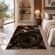 An eerie red-haired doll gripping a skull-lined spiral stone well rug in a bedroom beside a window