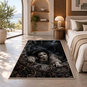 A dark-haired antique doll climbing over a deep circular stone shaft rug in a bedroom beside a window
