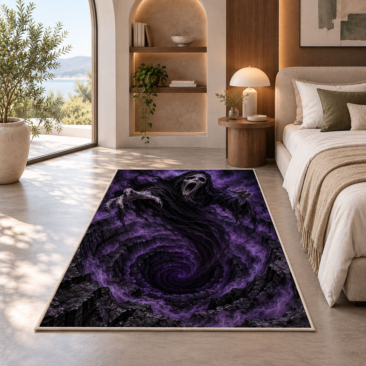 A screaming hooded specter hovering above a purple swirling abyss rug in a bedroom beside a window