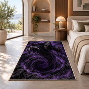 A screaming hooded specter hovering above a purple swirling abyss rug in a bedroom beside a window