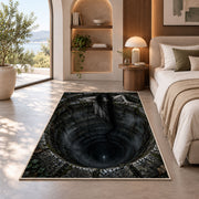 A long-haired ghost leaning over a deep stone well beneath tangled branches rug in a bedroom beside a window