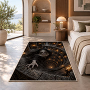 A pale hooded figure emerging from a candlelit spiral stone chamber rug in a bedroom beside a window