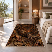A ragged scarecrow with glowing eyes rising beside an autumn-leaf spiral rug in a bedroom beside a window