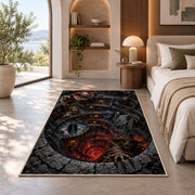 A gathering of eerie creatures surrounding a glowing red spiral pit rug in a bedroom beside a window