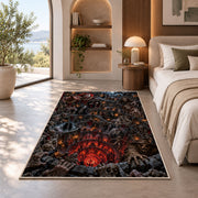 An ensemble of sinister figures framing a fiery descending castle abyss rug in a bedroom beside a window