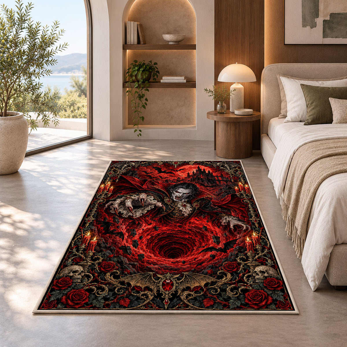Gothic vampire red vortex area rug in a bedroom beside a window