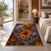 Skeleton and jack-o'-lantern graveyard vortex area rug in a bedroom beside a window