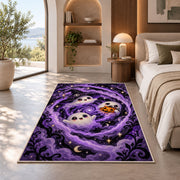 Cute ghost purple swirl area rug in a bedroom beside a window