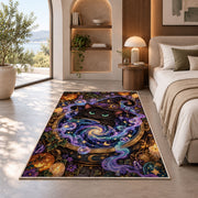 Black cat witch cauldron galaxy area rug in a bedroom beside a window