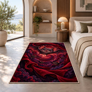 Cute bat red velvet vortex area rug in a bedroom beside a window