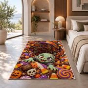 Cute zombie candy vortex area rug in a bedroom beside a window