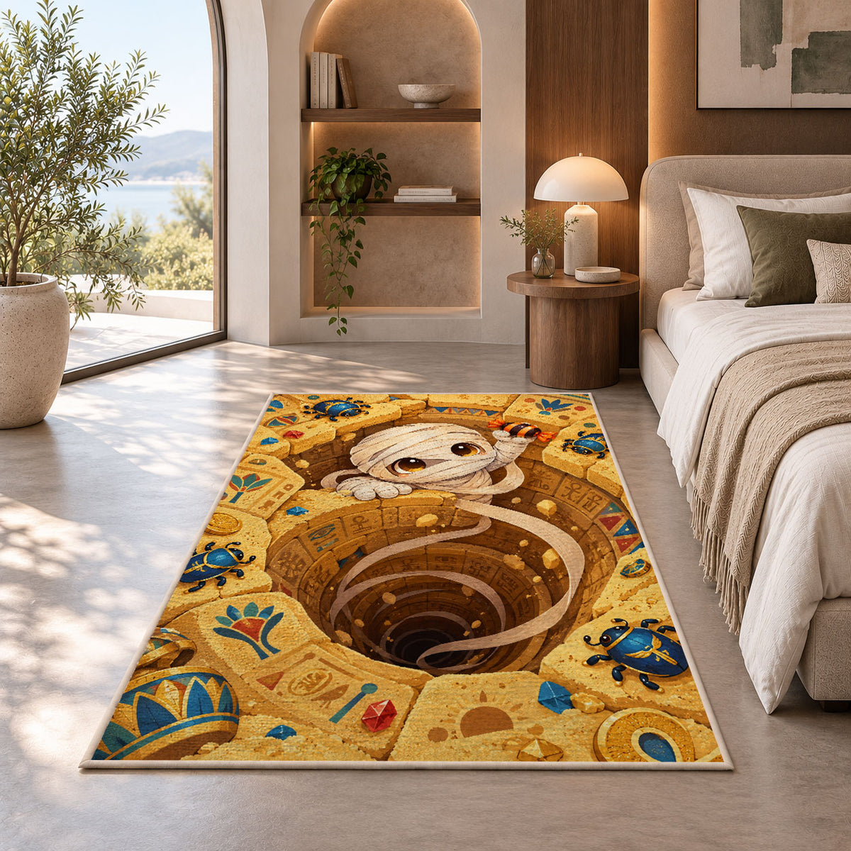 Cute mummy Egyptian tomb area rug in a bedroom beside a window