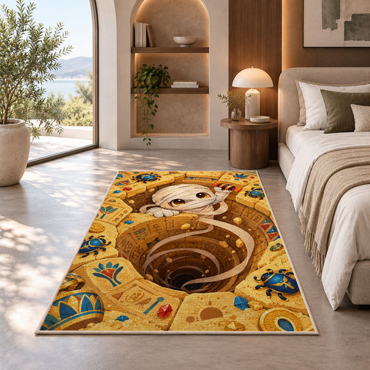 Cute mummy Egyptian tomb area rug in a bedroom beside a window