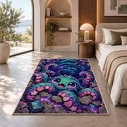 Cute octopus cosmic vortex area rug in a bedroom beside a window