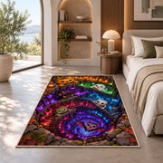 Neon underworld cave vortex area rug in a bedroom beside a window