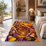 Cute pumpkin candy tunnel area rug in a bedroom beside a window