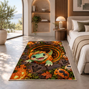 Cute dinosaur pumpkin costume area rug in a bedroom beside a window