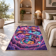 Cute fluffy monster crystal cave area rug in a bedroom beside a window