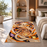 Cute mummy orange swirl area rug in a bedroom beside a window