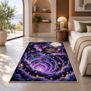 Cute bat full moon galaxy area rug in a bedroom beside a window