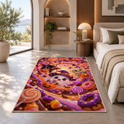 Cute ghost witch candy swirl area rug in a bedroom beside a window