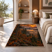 Tree Stand Sunrise rug in a bedroom with an arched window