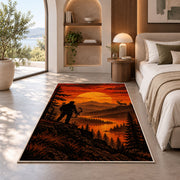 Bowhunter Sunset rug in a bedroom with an arched window
