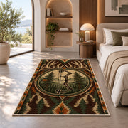 Bowhunting Emblem rug in a bedroom with an arched window