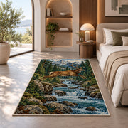 Leaping Deer Stream rug in a bedroom with an arched window