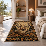 Woodcut Stag rug in a bedroom with an arched window