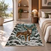 Winter Buck rug in a bedroom with an arched window