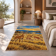 Deer Herd Meadow rug in a bedroom with an arched window
