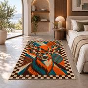 Pop Art Buck rug in a bedroom with an arched window
