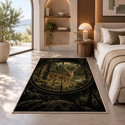 Hunting Scope Buck rug in a bedroom with an arched window